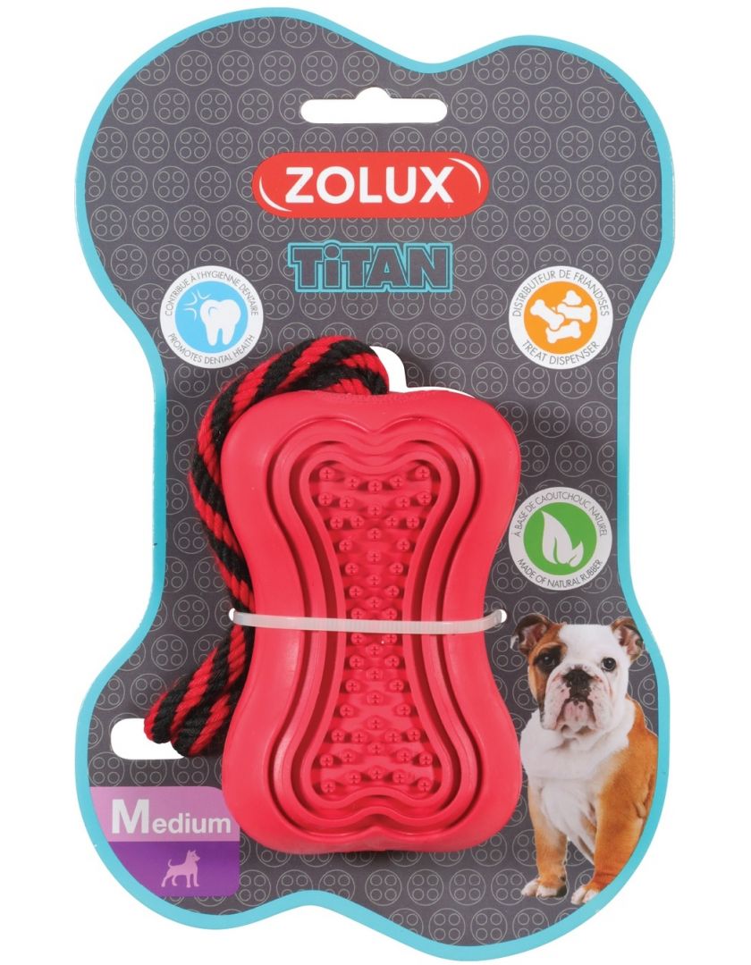 Zolux Titan игрушка кость-кормушка с веревкой (10 см., Красная)