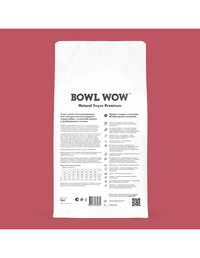 Корм сухой для щенков средних пород BOWL WOW индейка, рис, клюква в Нижнем  Новгороде